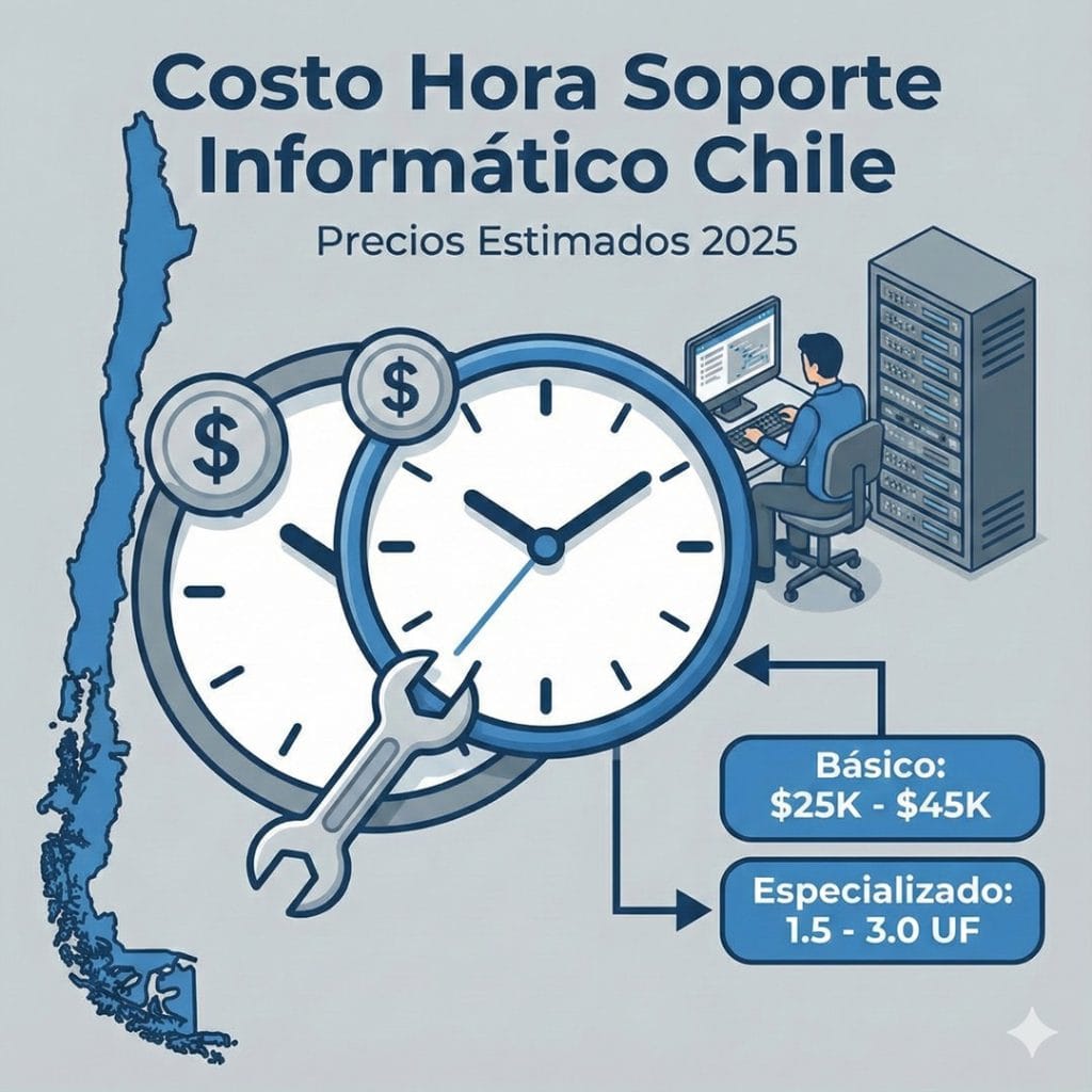 Un mapa de chile con un mensaje costo por hora de soporte informático en Chile